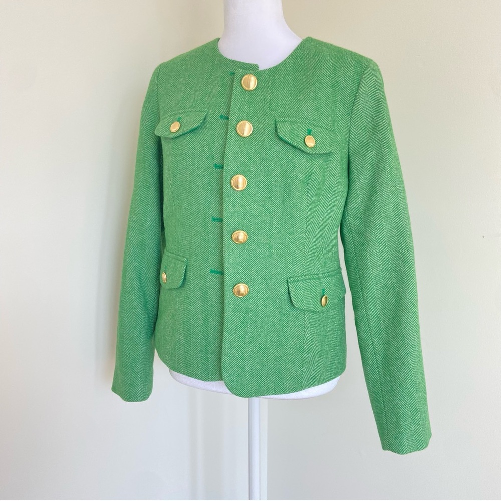 Talbots Wool Kelly Green Herringbone Jacket Blazer Gold Button Old Money  Size 2